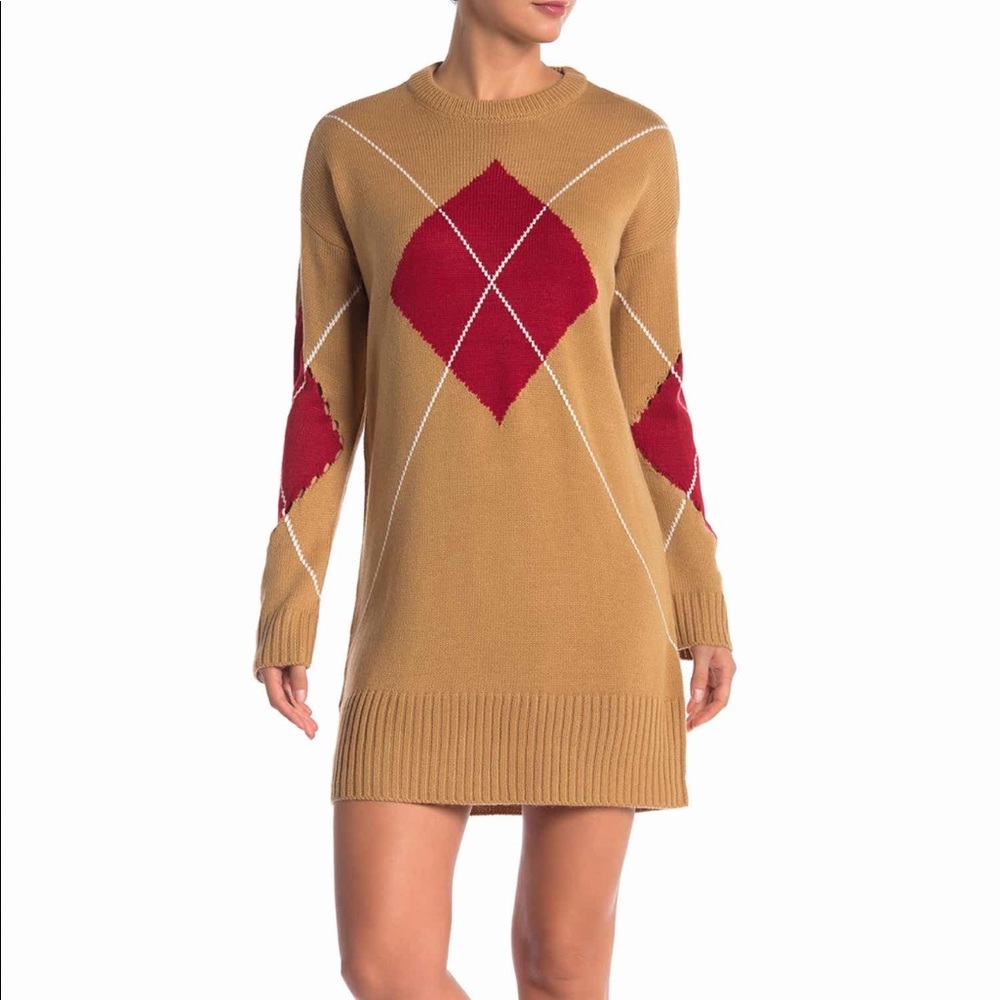Argyle Knit Sweater Dress Camel Tan L